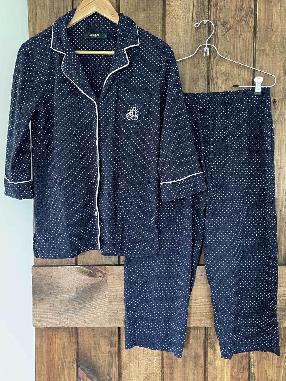 LRL Ralph Lauren Navy White Polka Dot Monogram Pajama Set Cotton Medium